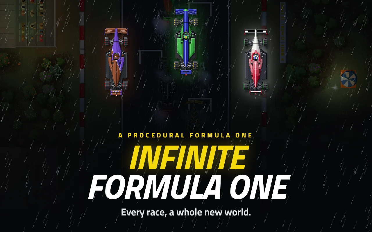 Infinite Formula One: three Formula One cars on a night grid in the rain, under the game's title